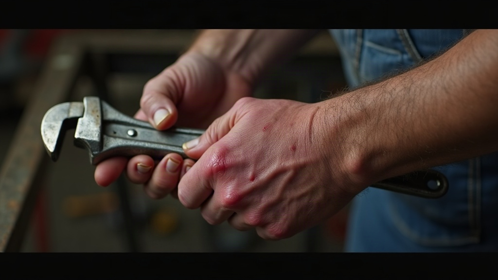 Close-up of an inflamed wrist on a plumber gripping a pipe wrench