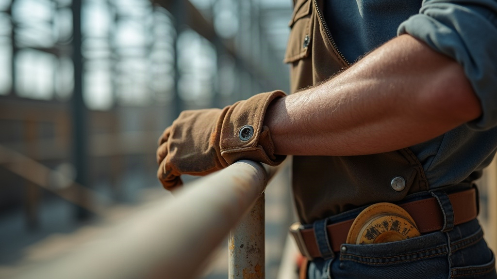 Construction worker's forearm and elbow on a jobsite scaffold