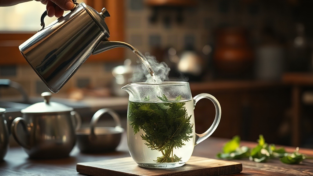Préparation d'un thé d'ortie : eau chaude versée sur des feuilles séchées dans une théière en verre