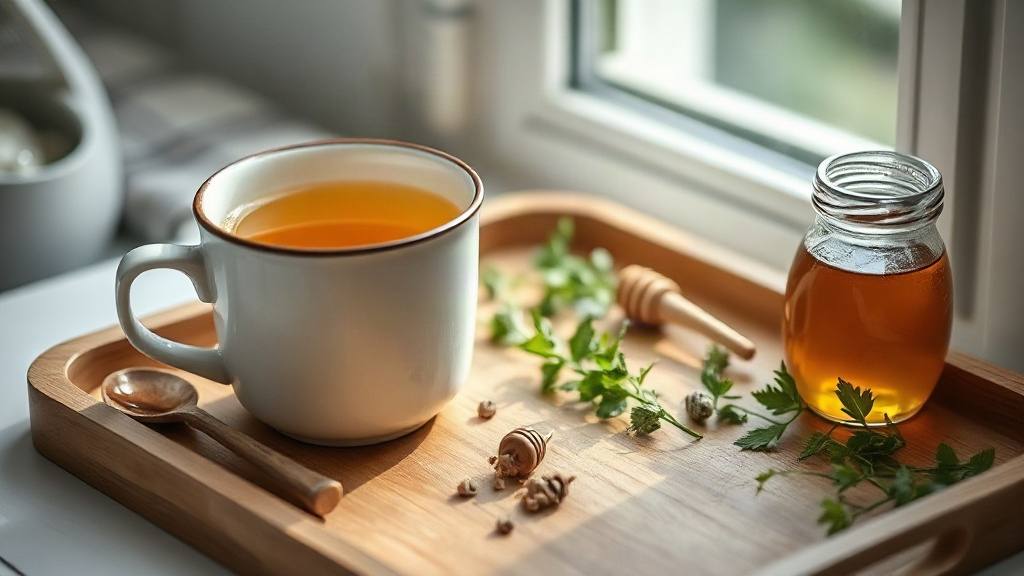 Tasse de thé d'ortie dorée avec un pot de miel sur un plateau en bois