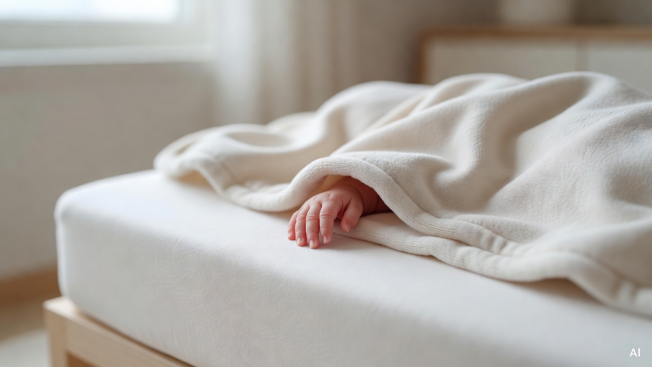 baby's hand close-up resting near a soft cotton blanket on a white crib mattress