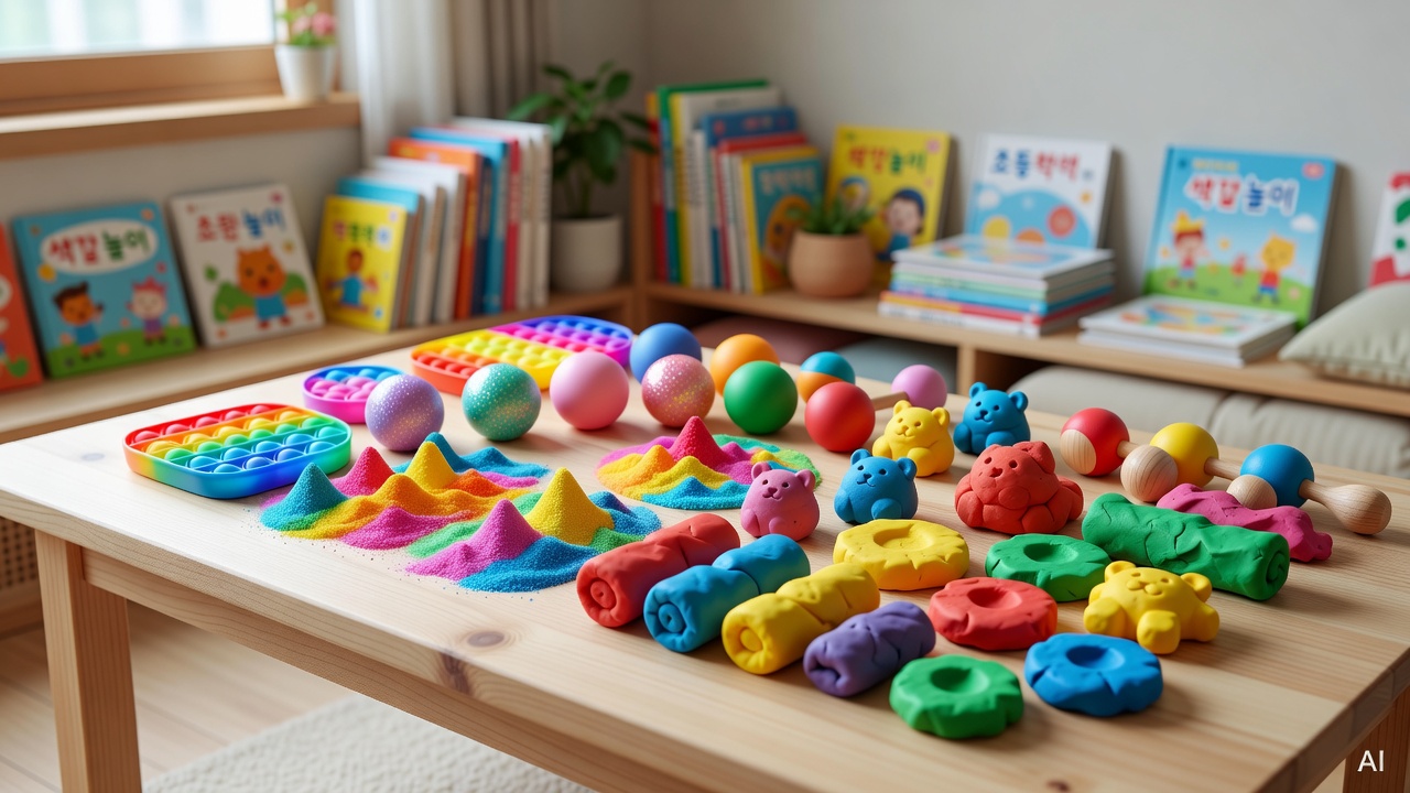colorful sensory toys and soft clay on a light wooden table surface