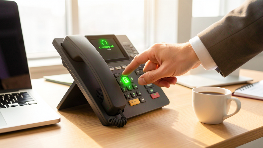 A hand pressing a button on a modern office desk phone with a glowing green call indicator, a coffee cup and laptop on the desk, conveying quick and easy setup, no text