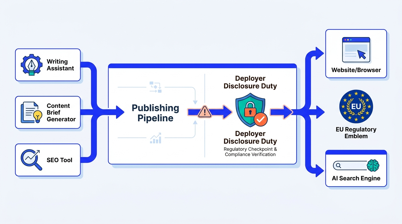 AI content watermarking compliance workflow diagram showing deployer disclosure duty checkpoint