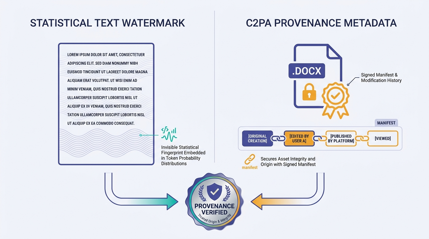 Diagram comparing AI text watermark and C2PA provenance metadata methods