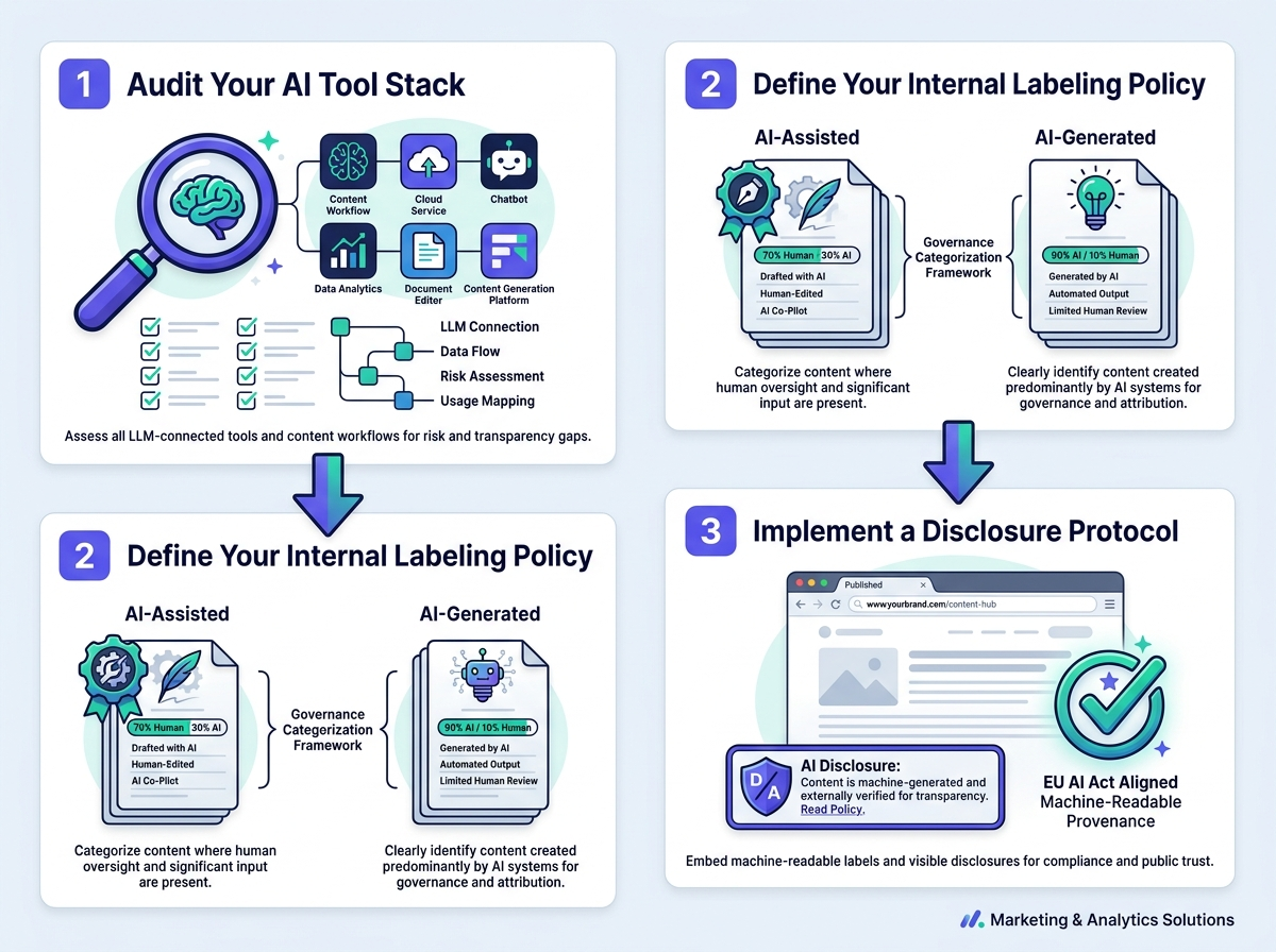 Three-step AI content compliance action plan infographic for marketing teams