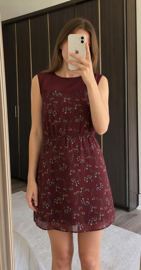 Burgundy Floral Butterfly Mini Dress with Flared Skirt