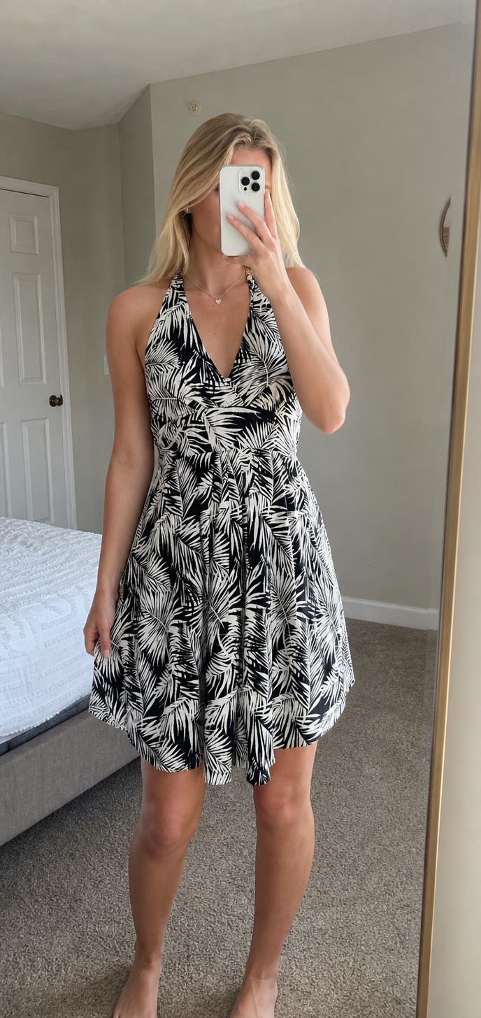 Black & White Tropical Palm Print Halter Dress – Very Good