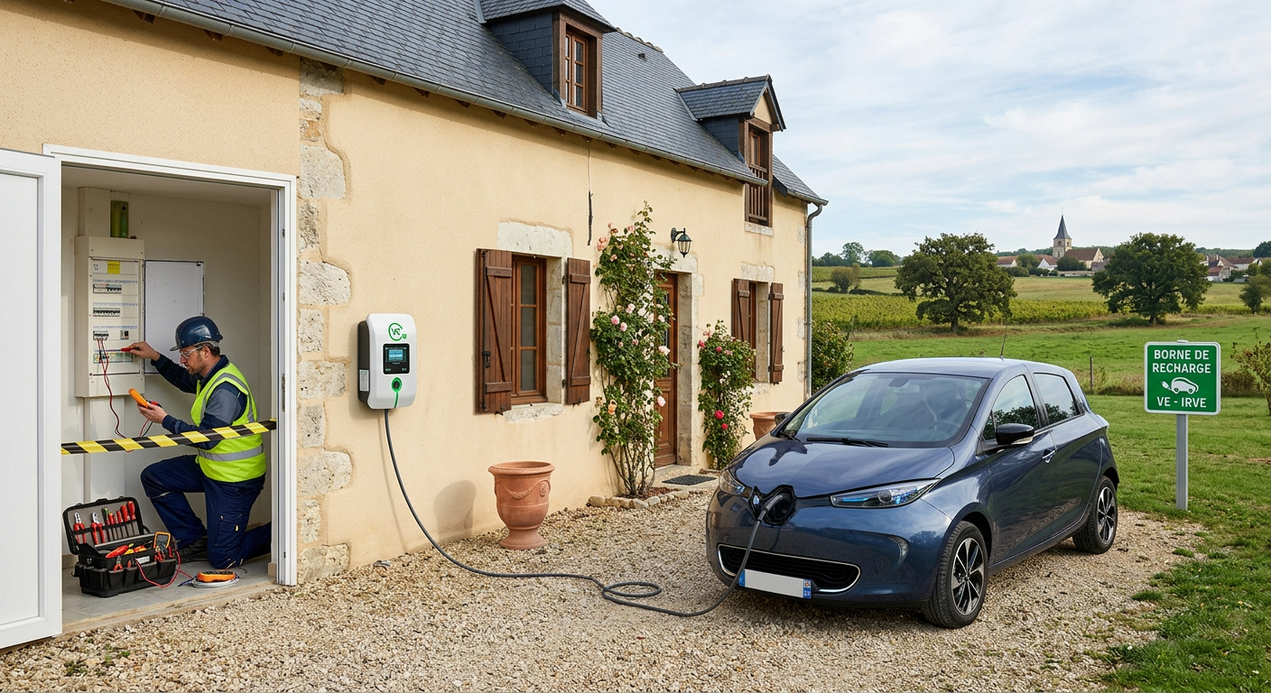 Borne de recharge électrique IRVE installée à l'extérieur d'une maison individuelle avec un installateur vérifiant le raccordement électrique.