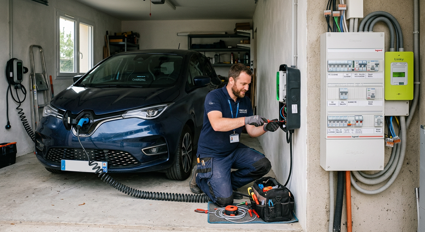 Borne de recharge électrique installée dans un domicile avec technicien et voiture en charge à côté du tableau électrique.