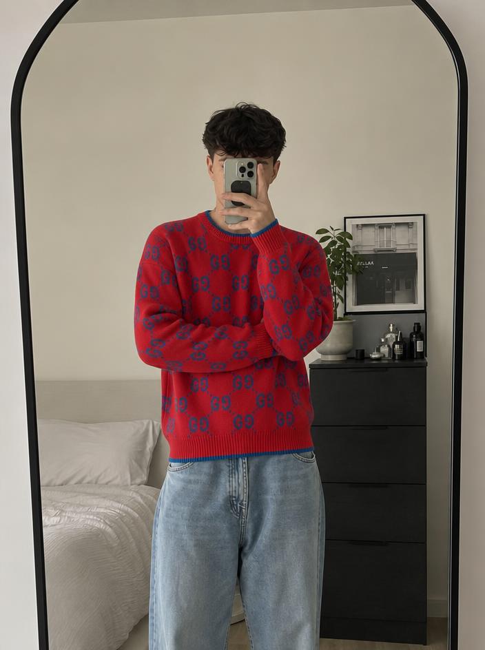 Gucci Red GG Monogram Knit Jumper with Blue Detailing