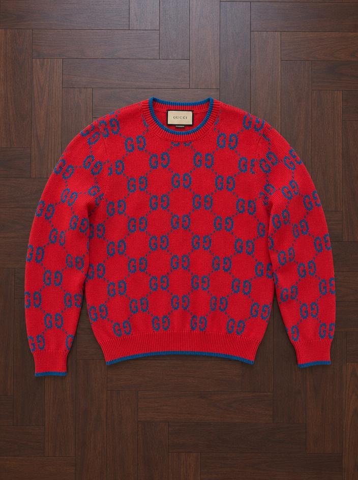 Gucci Red & Blue GG Monogram Knit Jumper Very Good