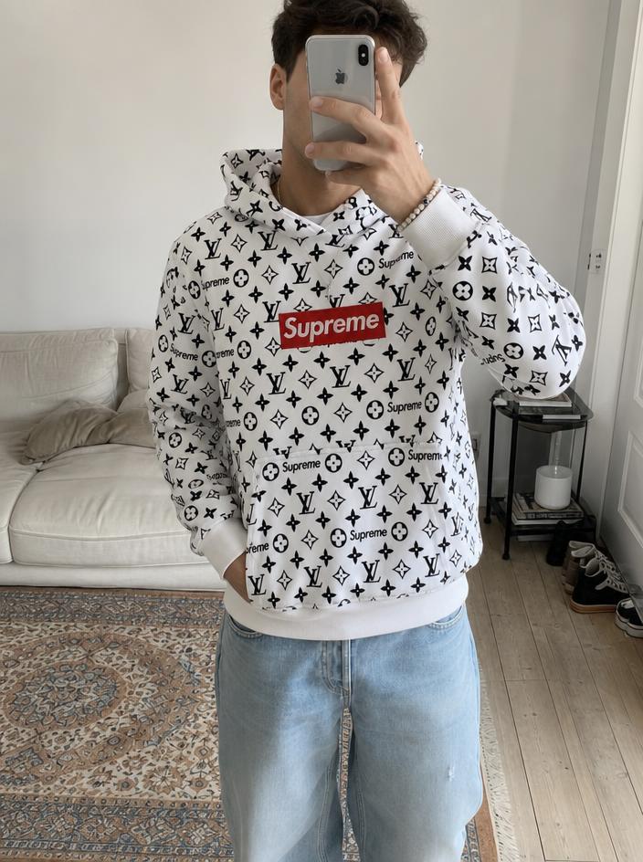 Supreme-style monogram pullover hoodie with box logo