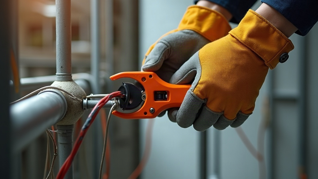 Electricista usando cutter retráctil de seguridad con guantes