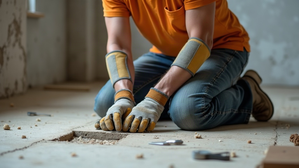 Trabajador de construcción con protección de codos en obra