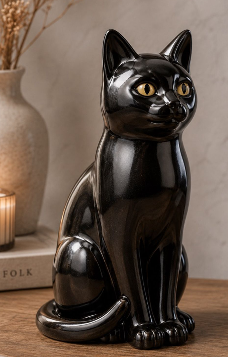 glossy black ceramic cat figurine with yellow eyes — free 3D model