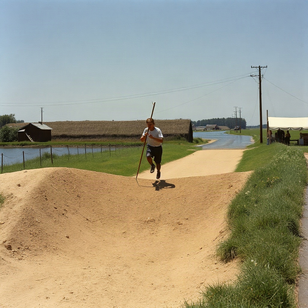 The crossing from the far bank: plank, brown ditch, raked bed, poles on the grass