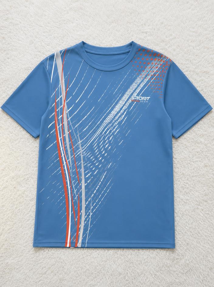 Blue Long-Sleeve Sports Top Geometric Print Very Good