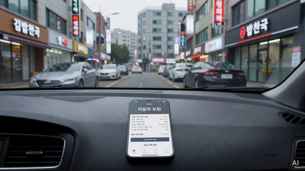 car insurance app open on a smartphone placed on a car dashboard