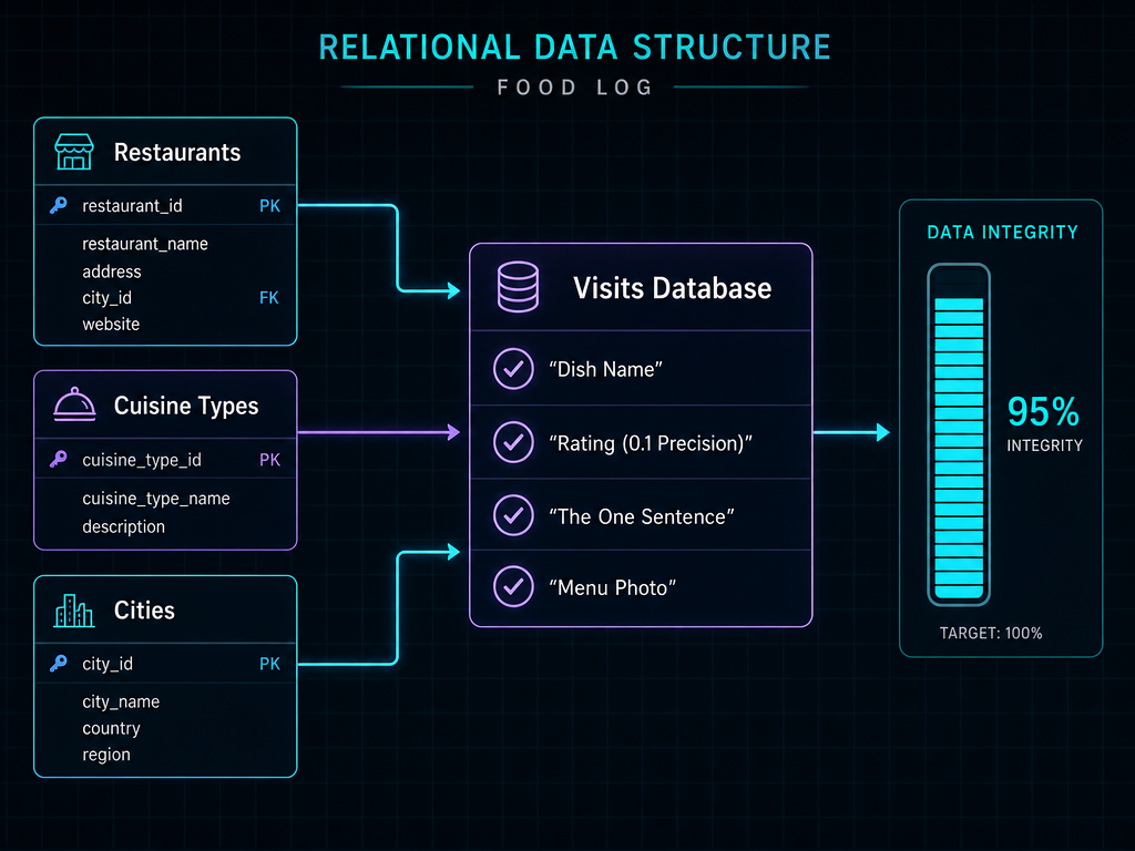 A database schema diagram showing the relational connection between restaurant visits, cuisine types, and city locations for a food log.