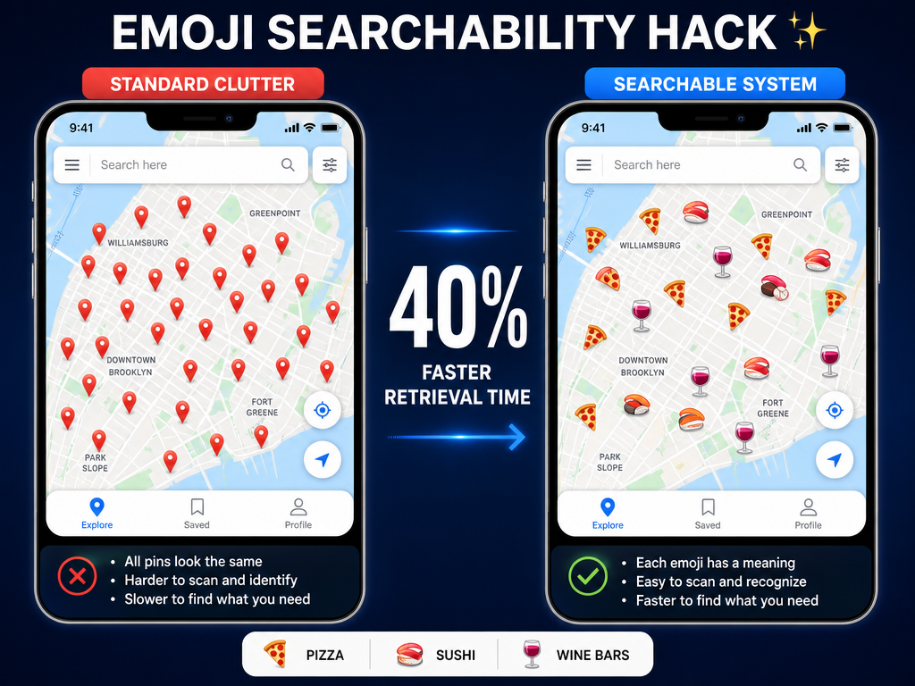 Comparison of a cluttered Google Map with generic pins versus an organized map using emojis to categorize different restaurant cuisines.