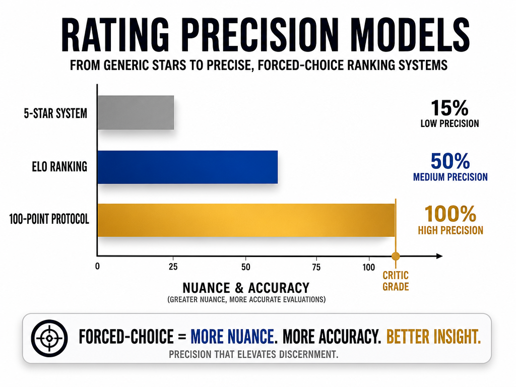 A bar chart comparing the precision levels of different restaurant rating systems: 5-star, ELO ranking, and 100-point protocols.