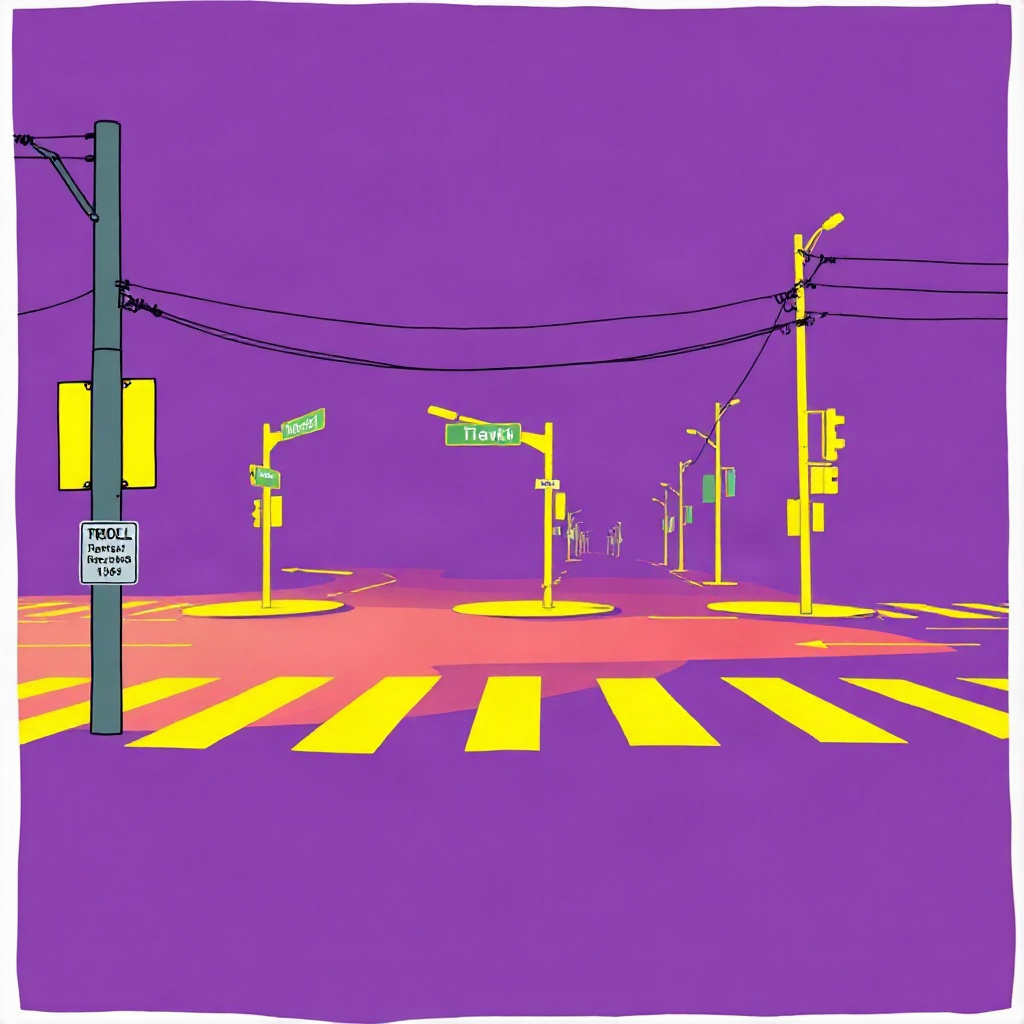 The intersection from across the street, with the board a bright rectangle on the brick. Someone is standing at it with their arm up, mid-stroke.