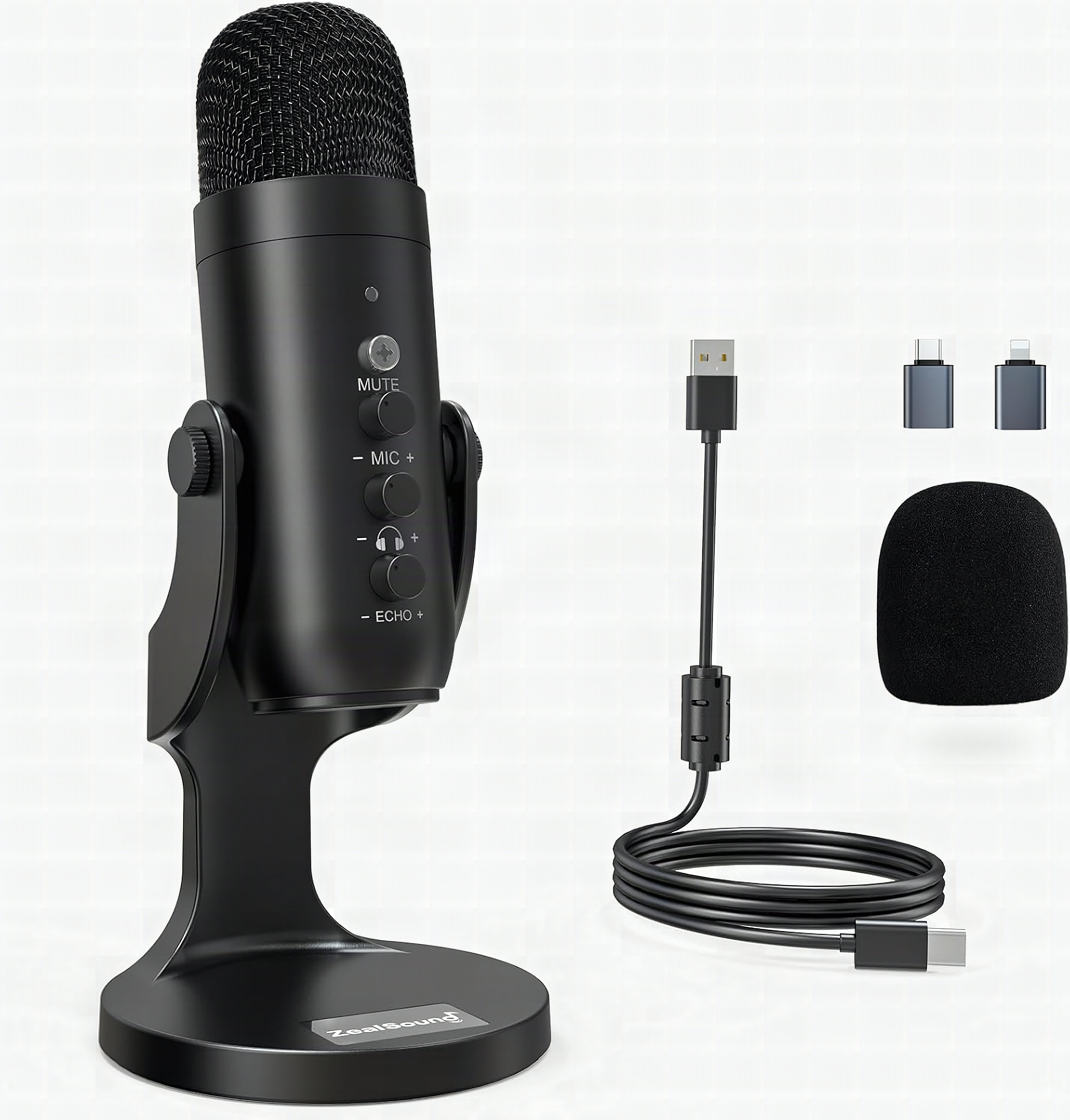 Close-up of ZealSound microphone showing metal mesh grille and control knob with warm lighting