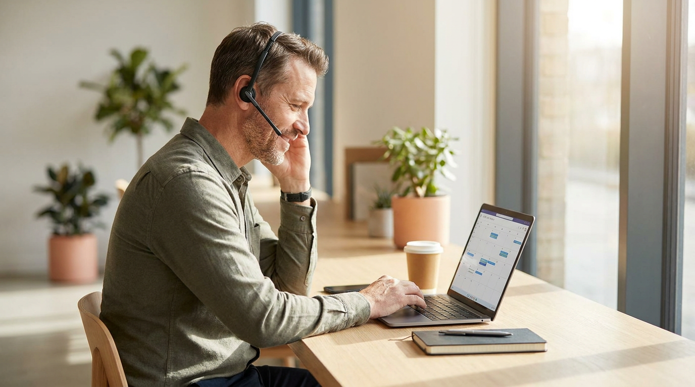 Ontspannen ondernemer met een headset achter een opgeruimd bureau in een licht kantoor