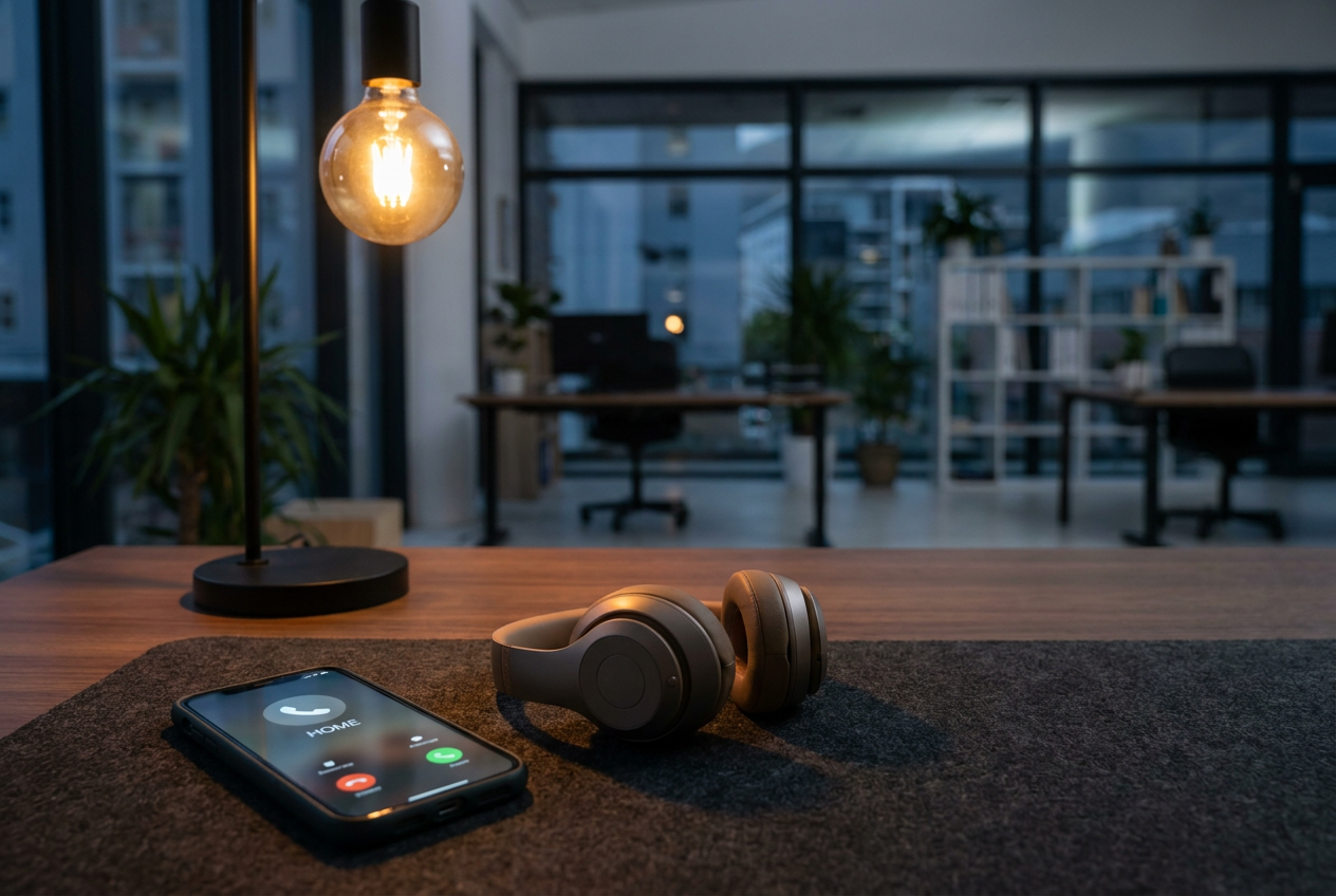 Bureau in de avond met een smartphone die overgaat en een headset ernaast, symbool voor bereikbaarheid buiten kantooruren