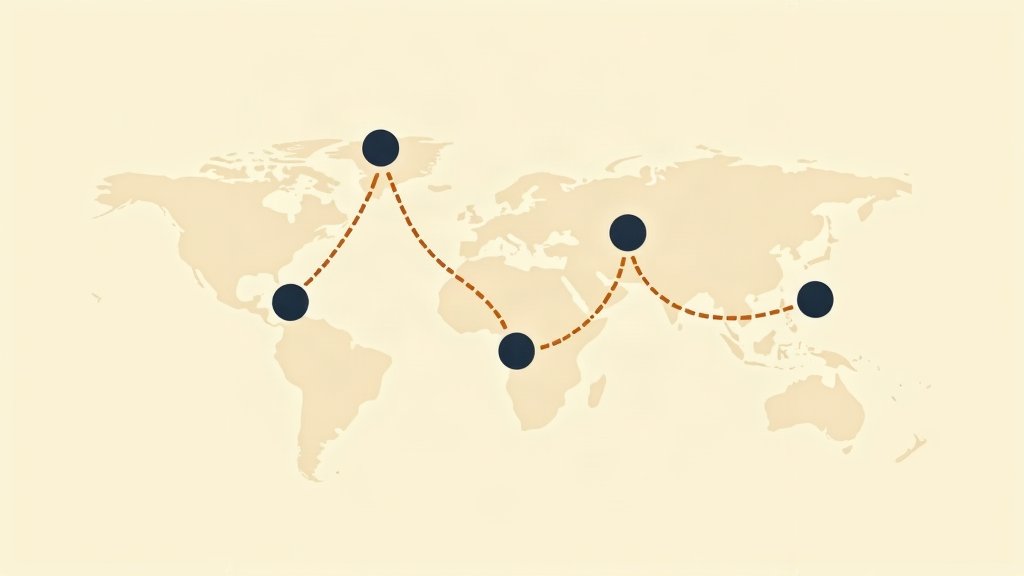 Vintage-style route map with dotted orange flight paths connecting four navy waypoints