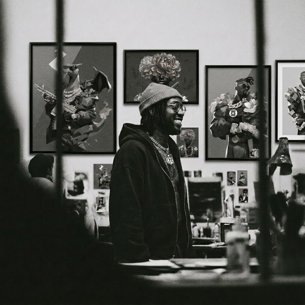 Malcolm Xavier laughing in his studio, surrounded by framed prints of his artwork