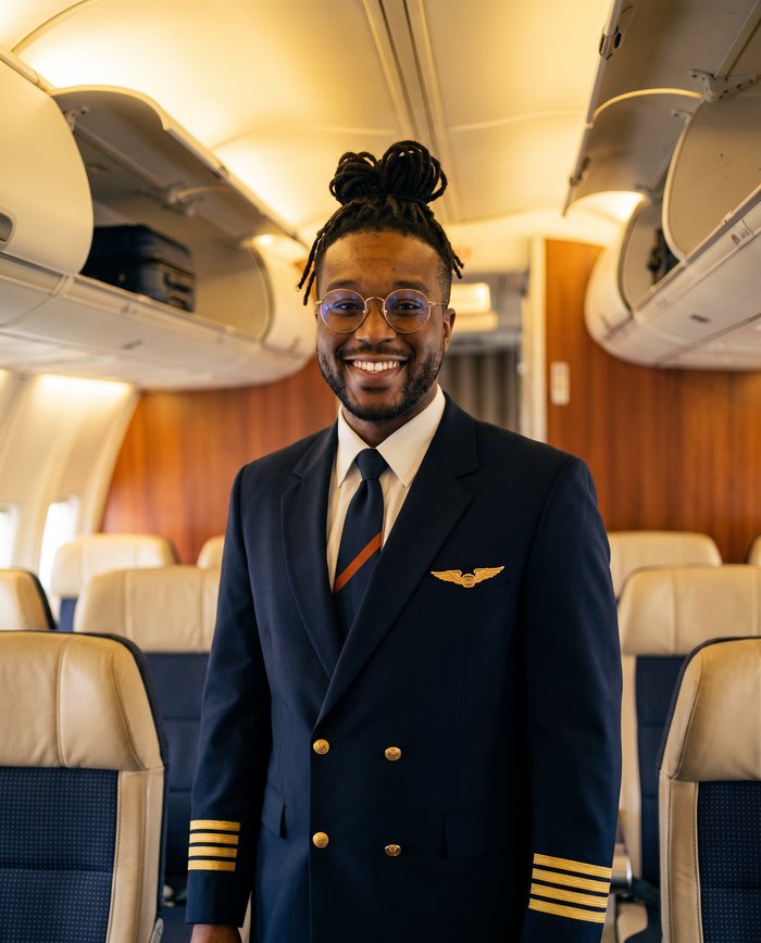 Malcolm Xavier in captain's uniform, Seven Air headshot