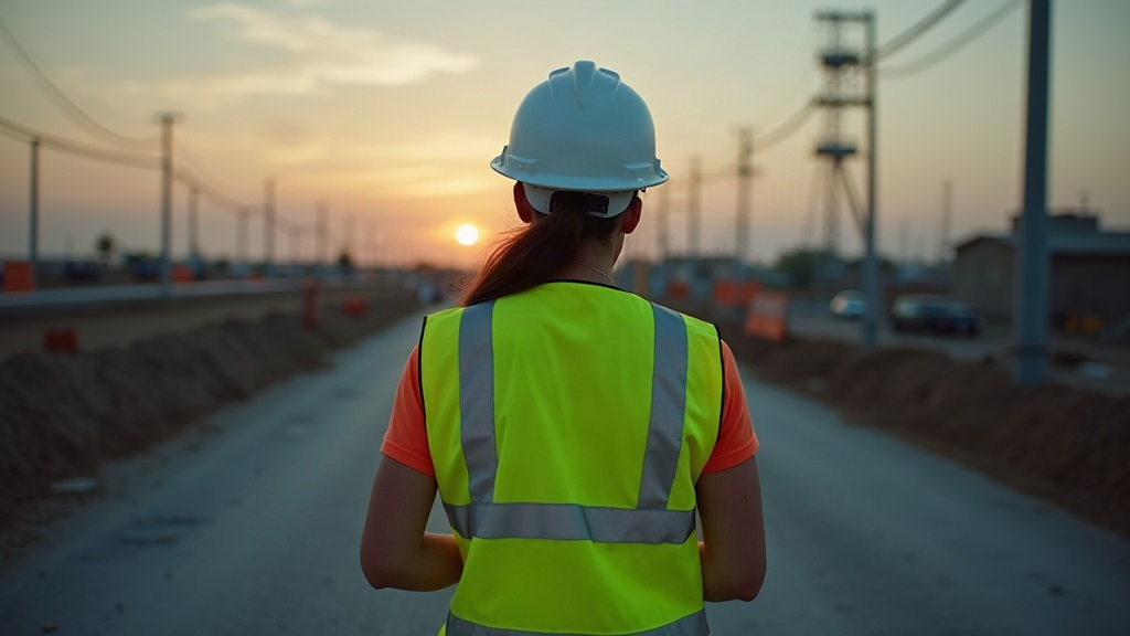 Trabajadora de construcción con chaleco reflectante de corte femenino