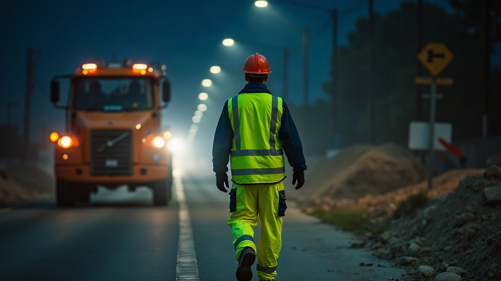 Trabajador con ropa reflectante de trabajo en obra nocturna