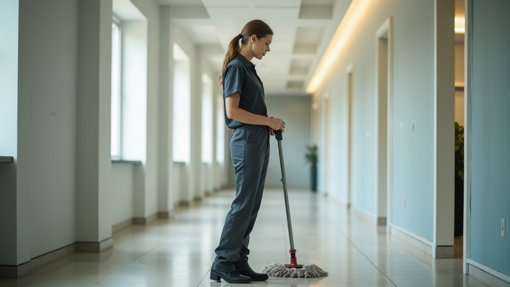 Mujer con uniforme de limpieza profesional en pasillo comercial