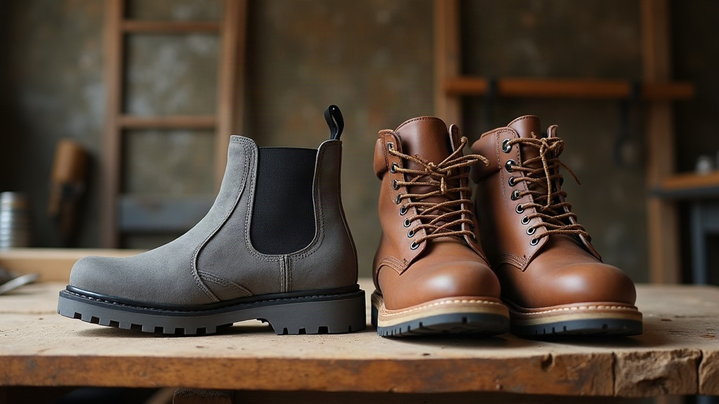 Walking boot next to a work boot for comparison