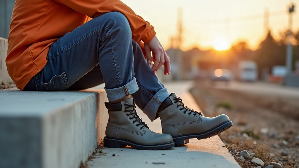 Worker on jobsite with walking boot and work boot beside him