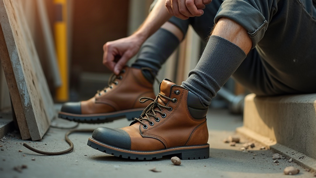 Trades worker removing work boots after a long shift, wearing compression socks
