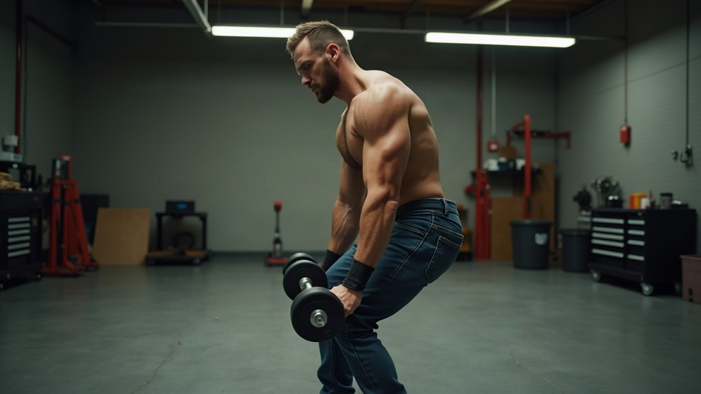 Trades worker training in compression socks in a garage gym after a shift