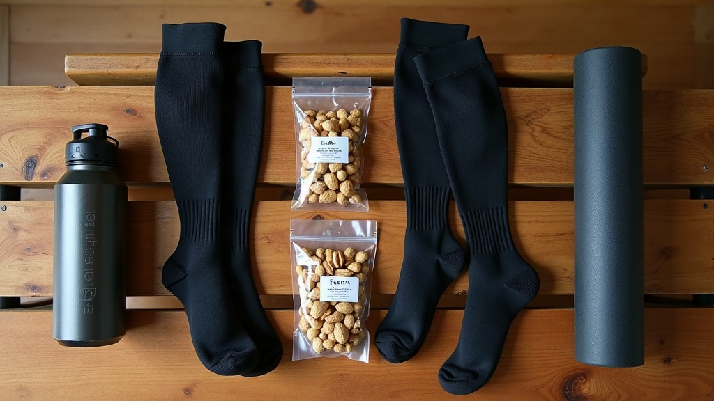 Post-shift recovery kit: compression socks, hydration, and a foam roller