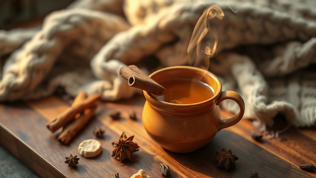 Tasse en terre cuite fumante de thé ayurvédique doré posée sur un plateau en bois avec des épices