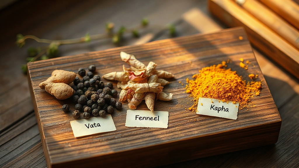 Trois groupes d'épices ayurvédiques disposés selon les doshas Vata Pitta et Kapha sur une table en bois