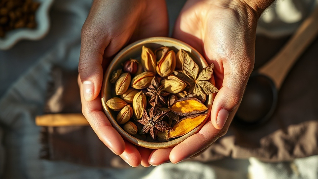 Mains tenant un bol de céramique rempli d'épices ayurvédiques séchées - cardamome, cannelle et tulsi