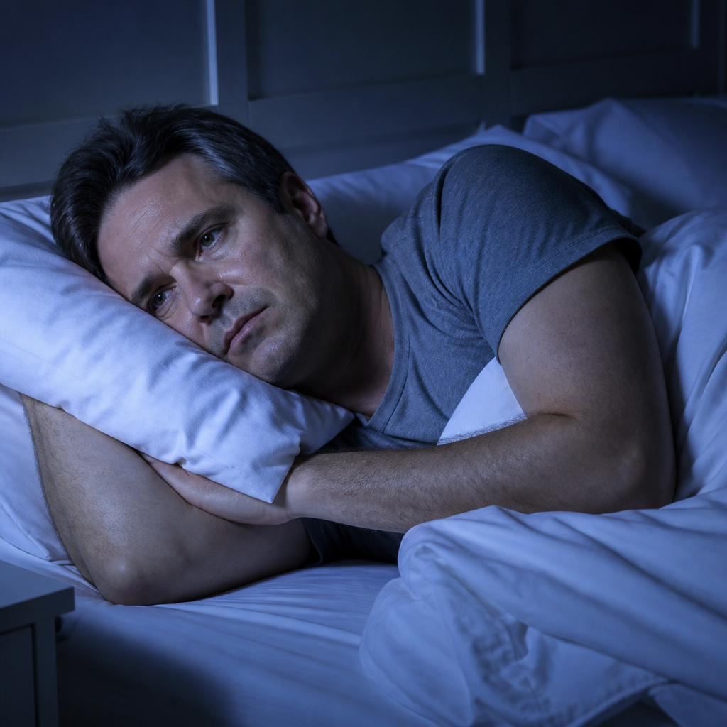 Woman sitting on bed, looking concerned, in a realistic mid-life bedroom with soft morning light