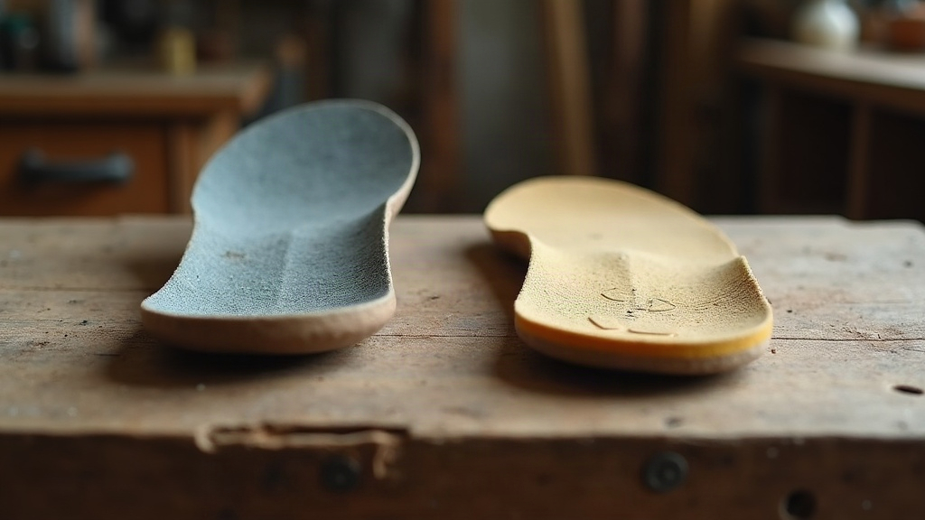 Worn versus new work boot insoles showing loss of arch support