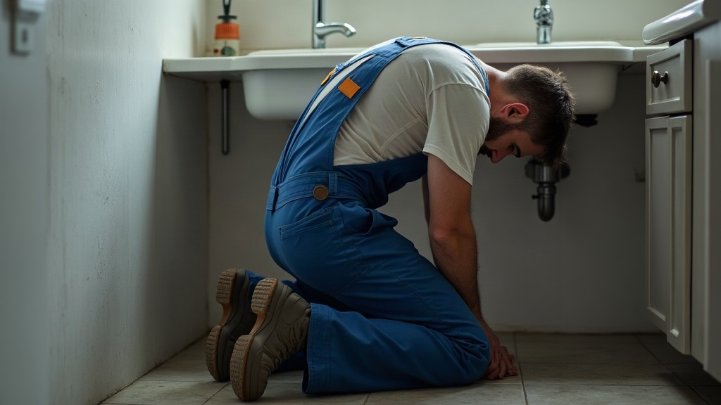 Plumber with exaggerated lumbar arch working under a sink
