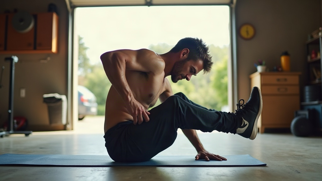 Tradesman doing glute bridge exercise at home for lower back correction
