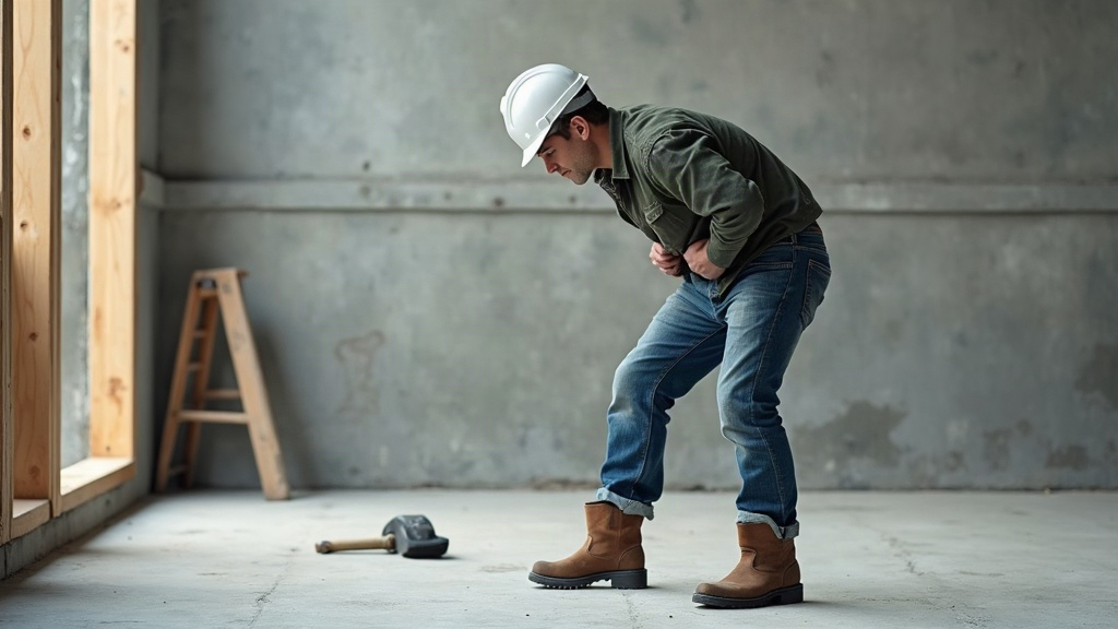 Construction worker with hyperlordosis holding lower back on jobsite