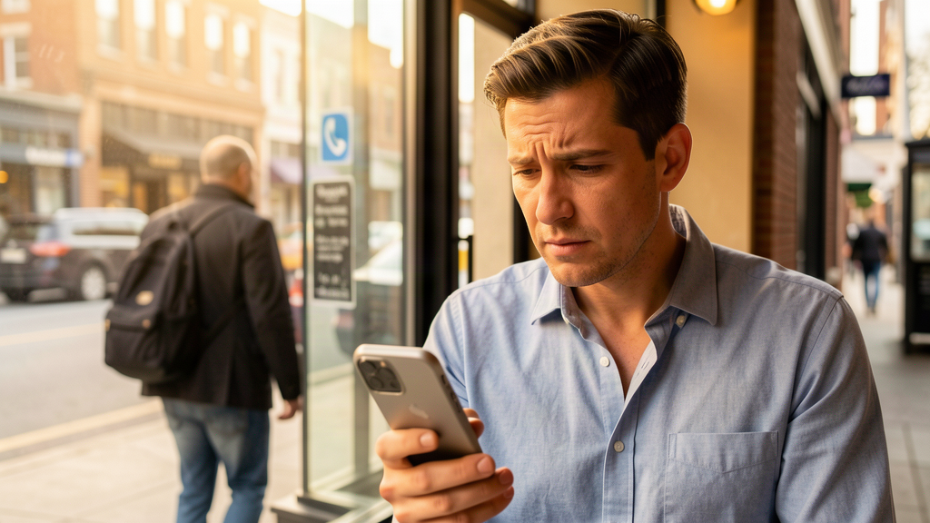 A small business owner glancing at a smartphone showing a missed call notification while a customer walks away from the storefront, conveying the cost of a delayed callback, no text